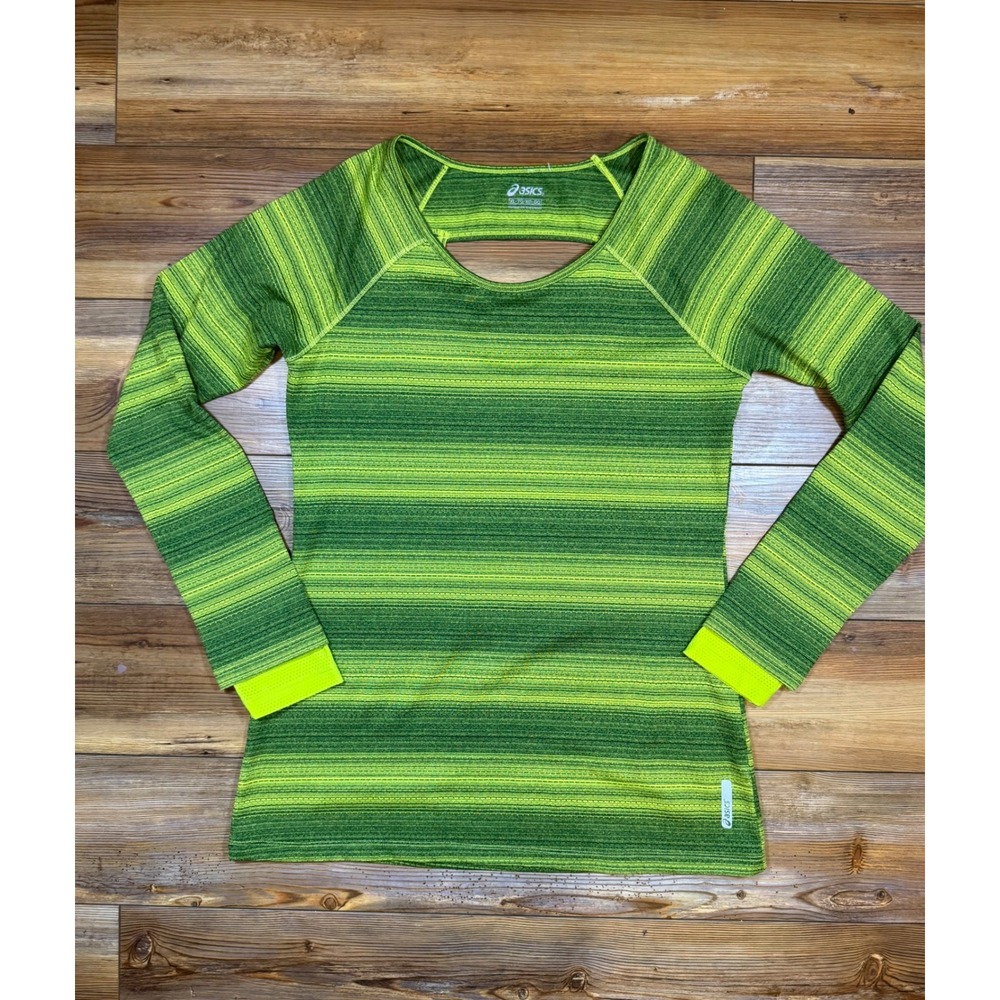 Asics Womens XL Green Striped Long Sleeve Running Training Top Keyhole Back